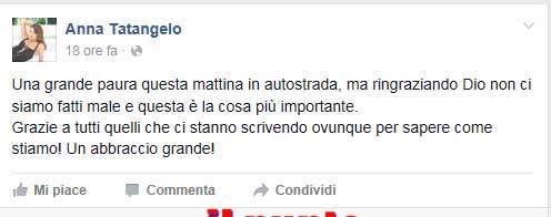 Anna Tatangelo rassicura i fan su Facebook dopo l’incidente