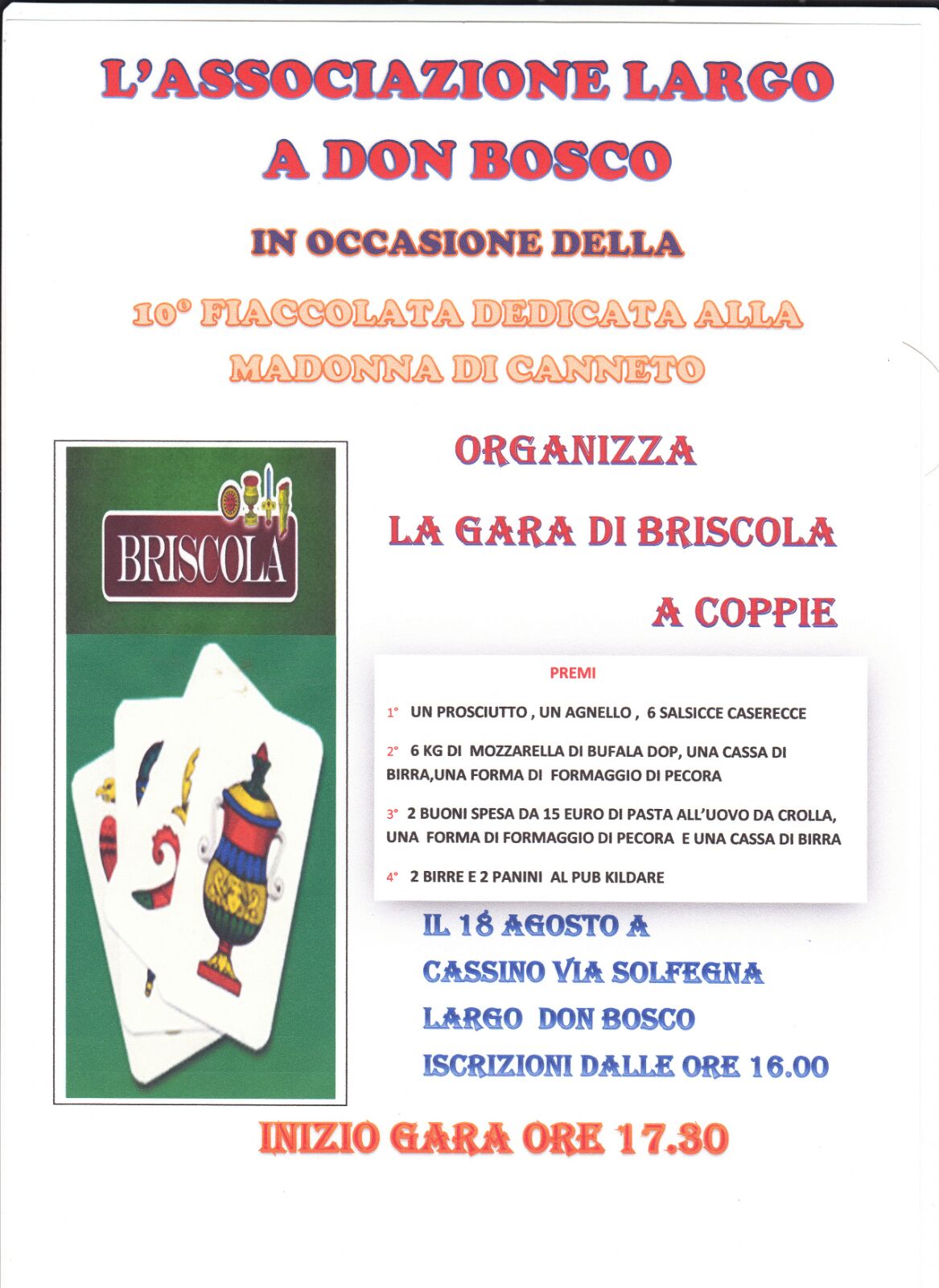 Il 18 agosto torneo di briscola con l’associazione Largo a Don Bosco