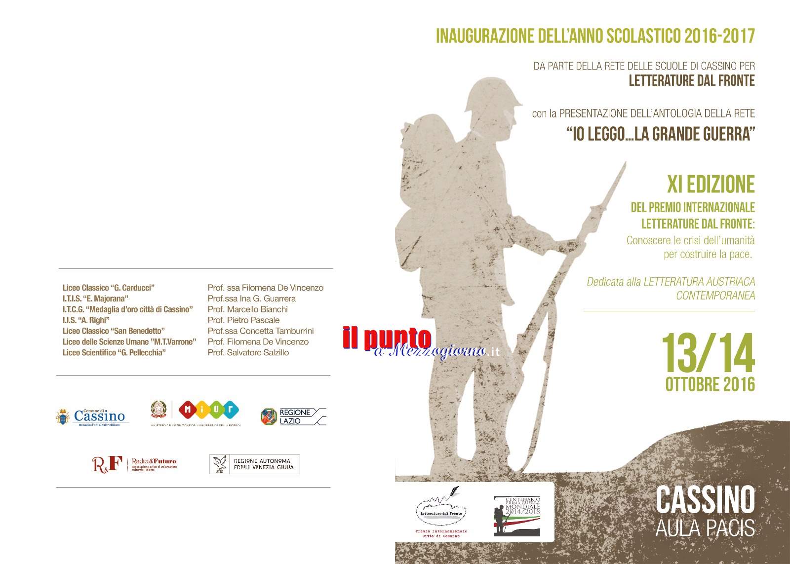 Domani e dopodomani a Cassino inaugurazione dellâ€™anno scolastico 2016-2017 da parte della Rete delle scuole di Cassino per Letterature dal Fronte