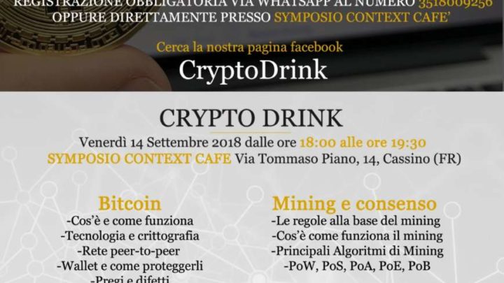 Cassino: Torna l’appuntamento con il Cryptodrink. Tutto su Bitcoin e criptovalute