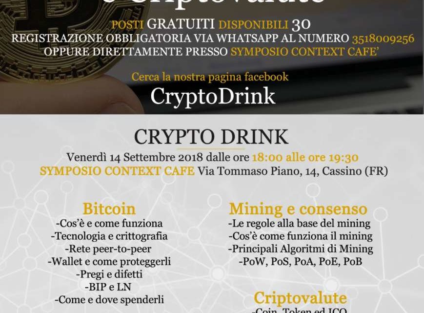 Cassino: Torna l’appuntamento con il Cryptodrink. Tutto su Bitcoin e criptovalute