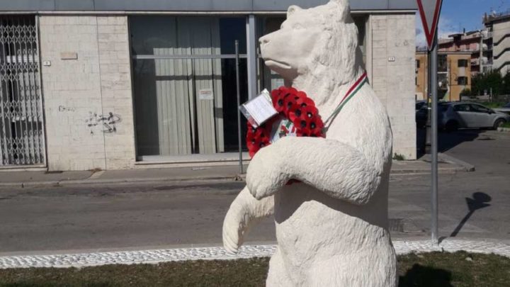 Cassino, la statua dell’Orso Wojtek attende l’inaugurazione e si gode la coccarda di fiori dei cittadini