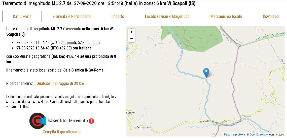 Terremoto di magnitudo 2.7 a Scapoli in provincia di Isernia