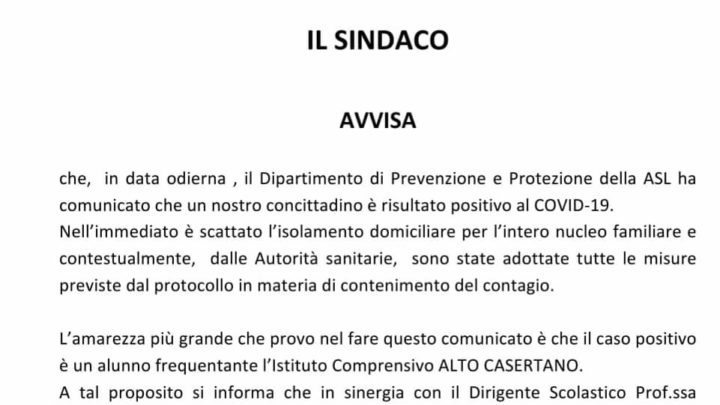 Rocca D’Evandro, alunno della scuola positivo al Covid-19