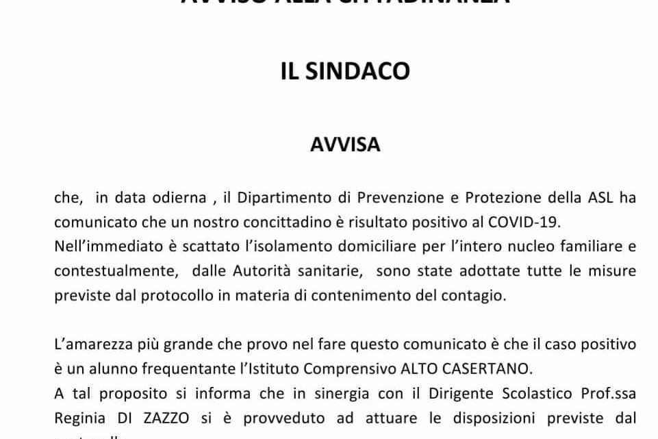 Rocca D’Evandro, alunno della scuola positivo al Covid-19