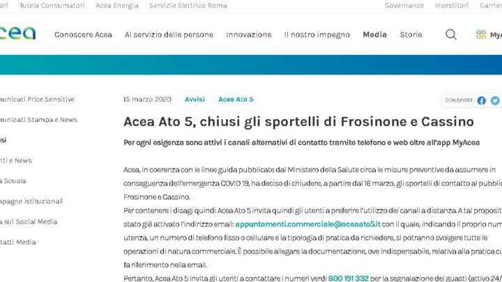 Acea Ato5, chiusura temporanea degli sportelli commerciali di Frosinone e Cassino