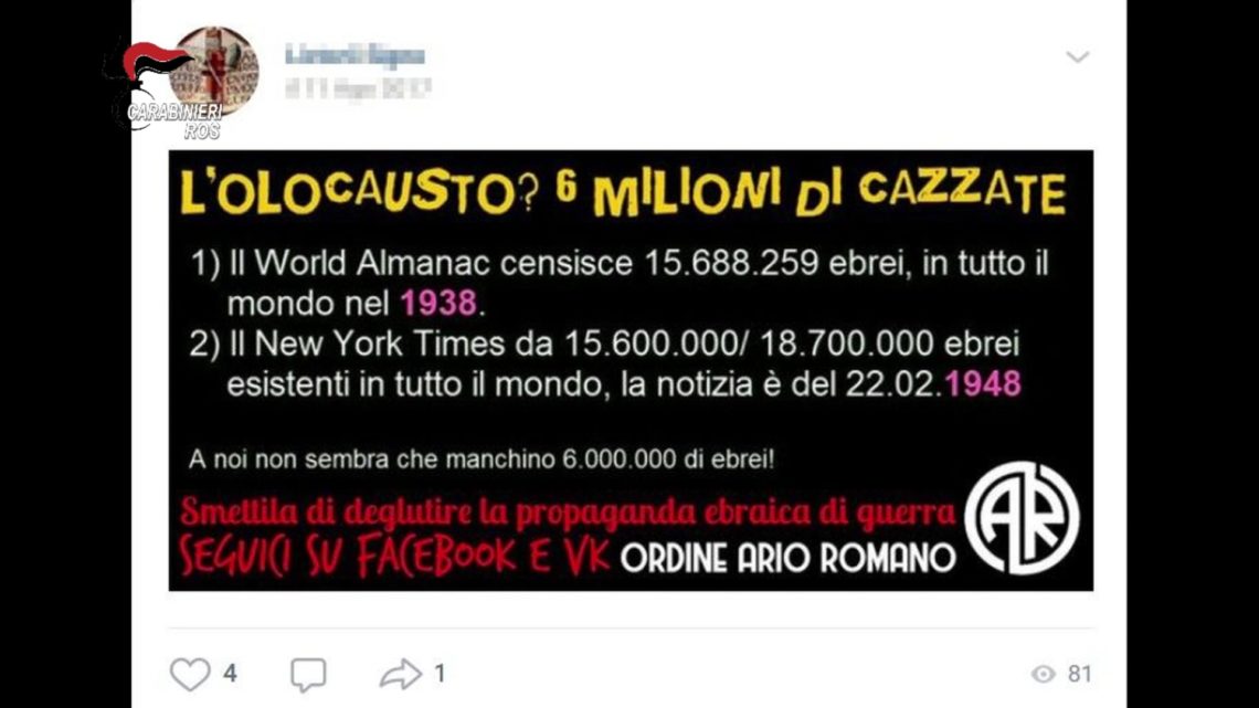 Odio razziale e minacce contro ebrei ed extracomunitari sui social, 12 fermati. Si indaga anche a Frosinone