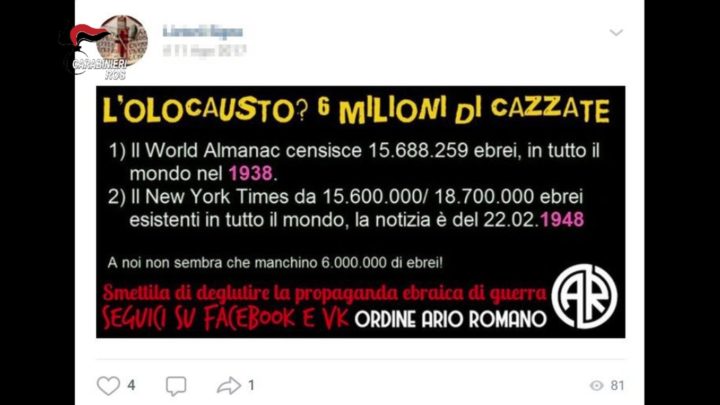 Odio razziale e minacce contro ebrei ed extracomunitari sui social, 12 fermati. Si indaga anche a Frosinone