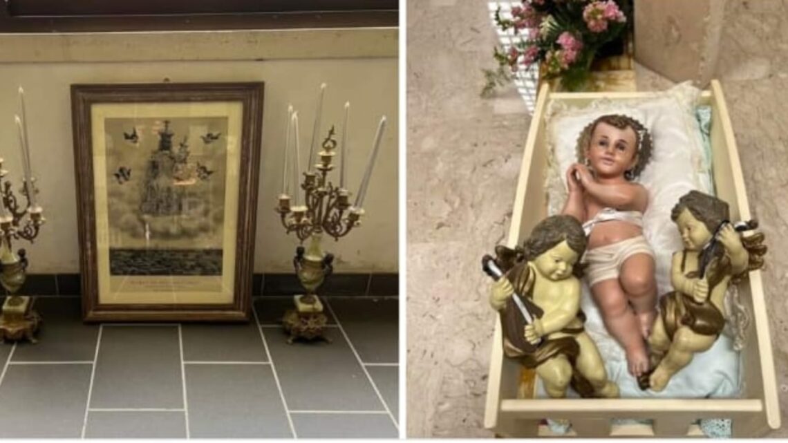 Ignoti lasciano culla con Bambino, Angeli, un quadro della Madonna del Soccorso e due candelabri davanti la Basilica di Canneto Ignoti lasciano culla con Bambino, Angeli, un quadro della Madonna del Soccorso e due candelabri davanti la Basilica di Canneto