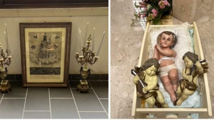 Ignoti lasciano culla con Bambino, Angeli, un quadro della Madonna del Soccorso e due candelabri davanti la Basilica di Canneto