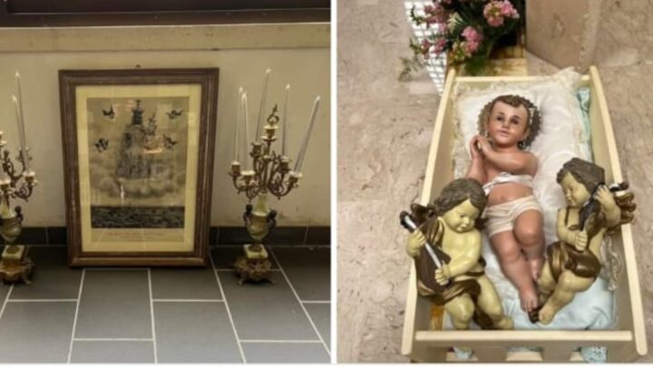 Ignoti lasciano culla con Bambino, Angeli, un quadro della Madonna del Soccorso e due candelabri davanti la Basilica di Canneto