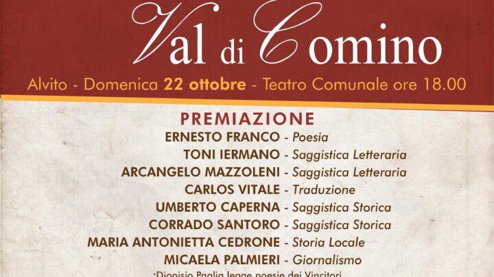 Al 48° “Premio Val Comino” resi noti i vincitori per poesia, saggistica, traduzione e giornalismo