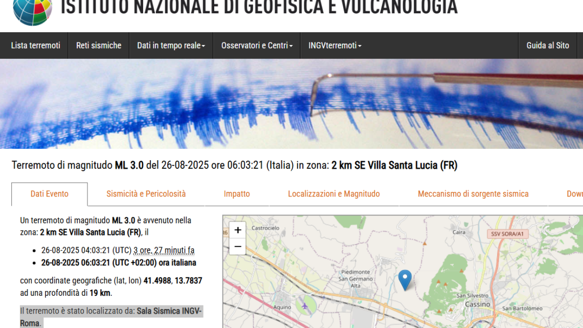 Altra lieve scossa di terremoto nel Cassinate, a Villa Santa Lucia il sisma ha avuto magnitudo 3