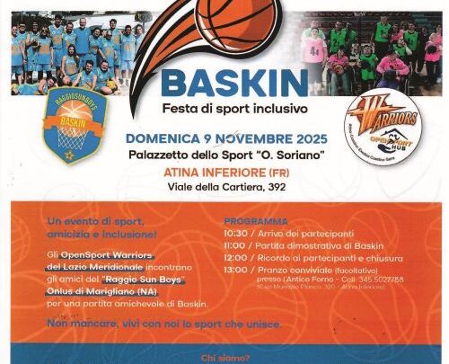 “Festa dello Sport Inclusivo, il baskin” ad Atina, domenica 9 al Palazzetto “O. Soriano”