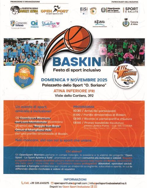 “Festa dello Sport Inclusivo, il baskin” ad Atina, domenica 9 al Palazzetto “O. Soriano”